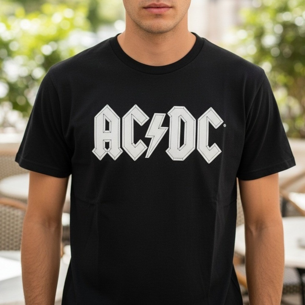 AC/DC Mens Black‎ Graphic T-Shirt Short Sleeve Rock Band Logo Hybrid Apparel L